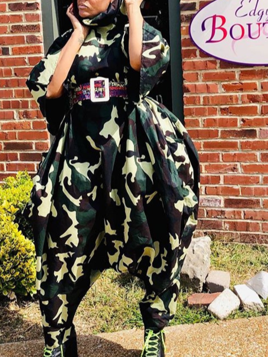 

Lovely Street Turtleneck Camo Print Army Green Plus Size One-piece Jumpsuit, Army green camouflag