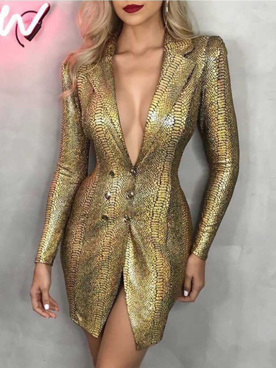 

Lovely Sexy Turn-back Collar Print Gold Blazer