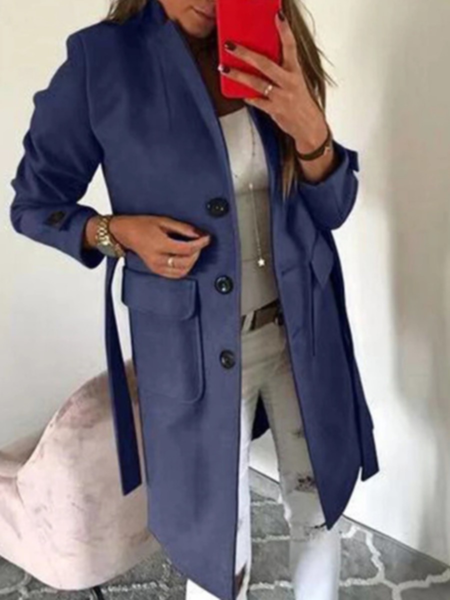 

Lovely Stylish Turndown Collar Buttons Design Blue Trench Coat