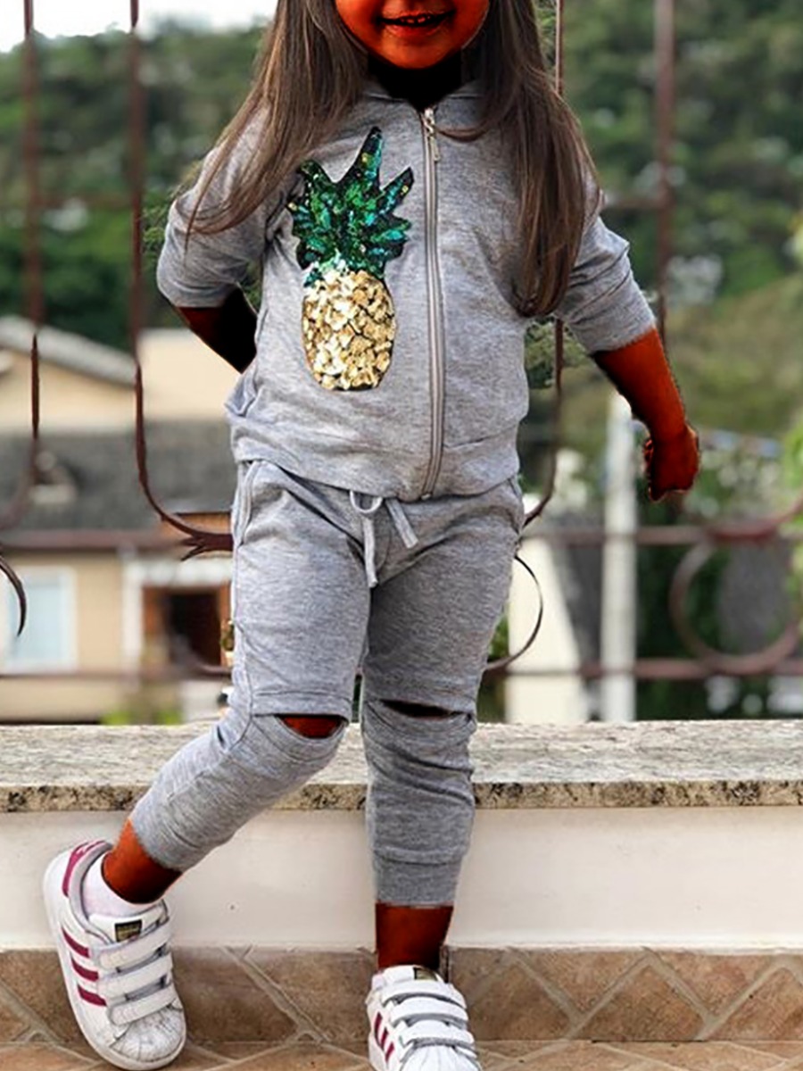 

Lovely Sportswear Hooded Collar Pineapple Grey Girl Two-piece Pants Set