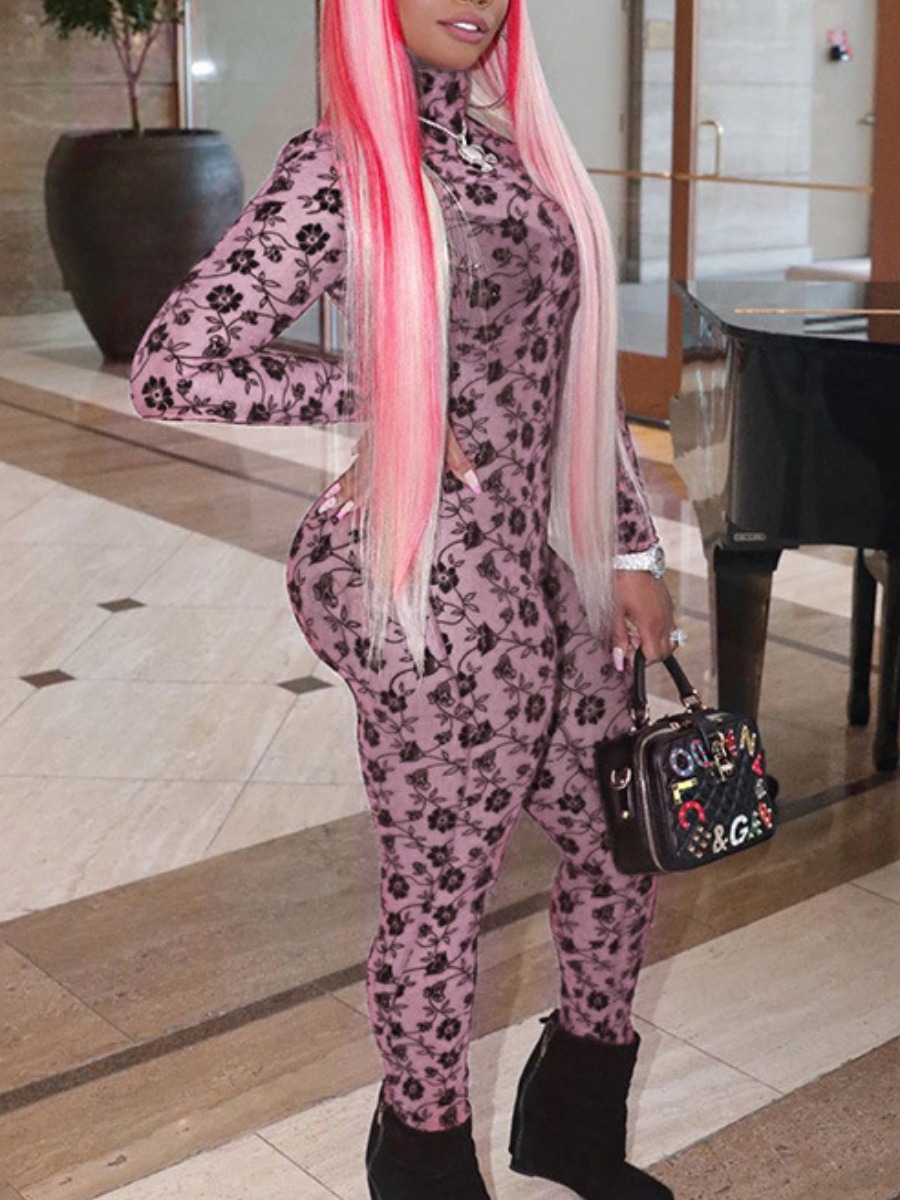 

Lovely Stylish Turtleneck Print Pink One-piece Jumpsuit