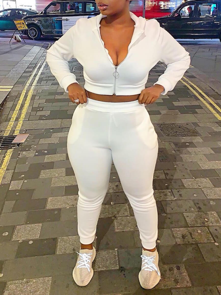 

Lovely Sportswear Hooded Collar Zipper Design White Two Piece Pants Set