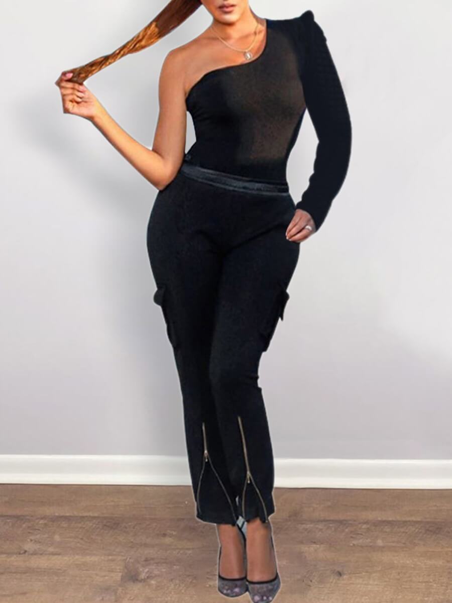 

Lovely Stylish One Shoulder Black One-piece Jumpsuit