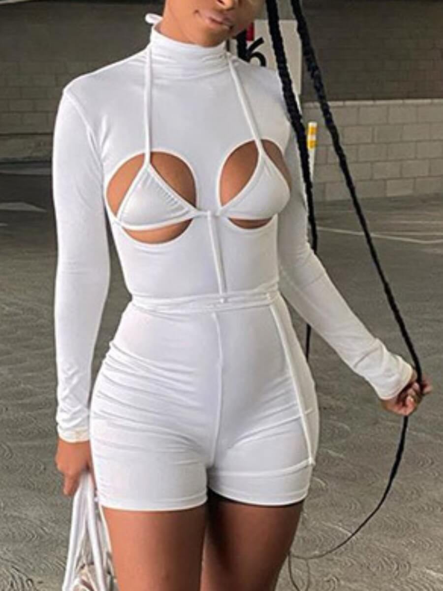 

Lovely Sexy Half A Turtleneck Hollow-out White One-piece Romper