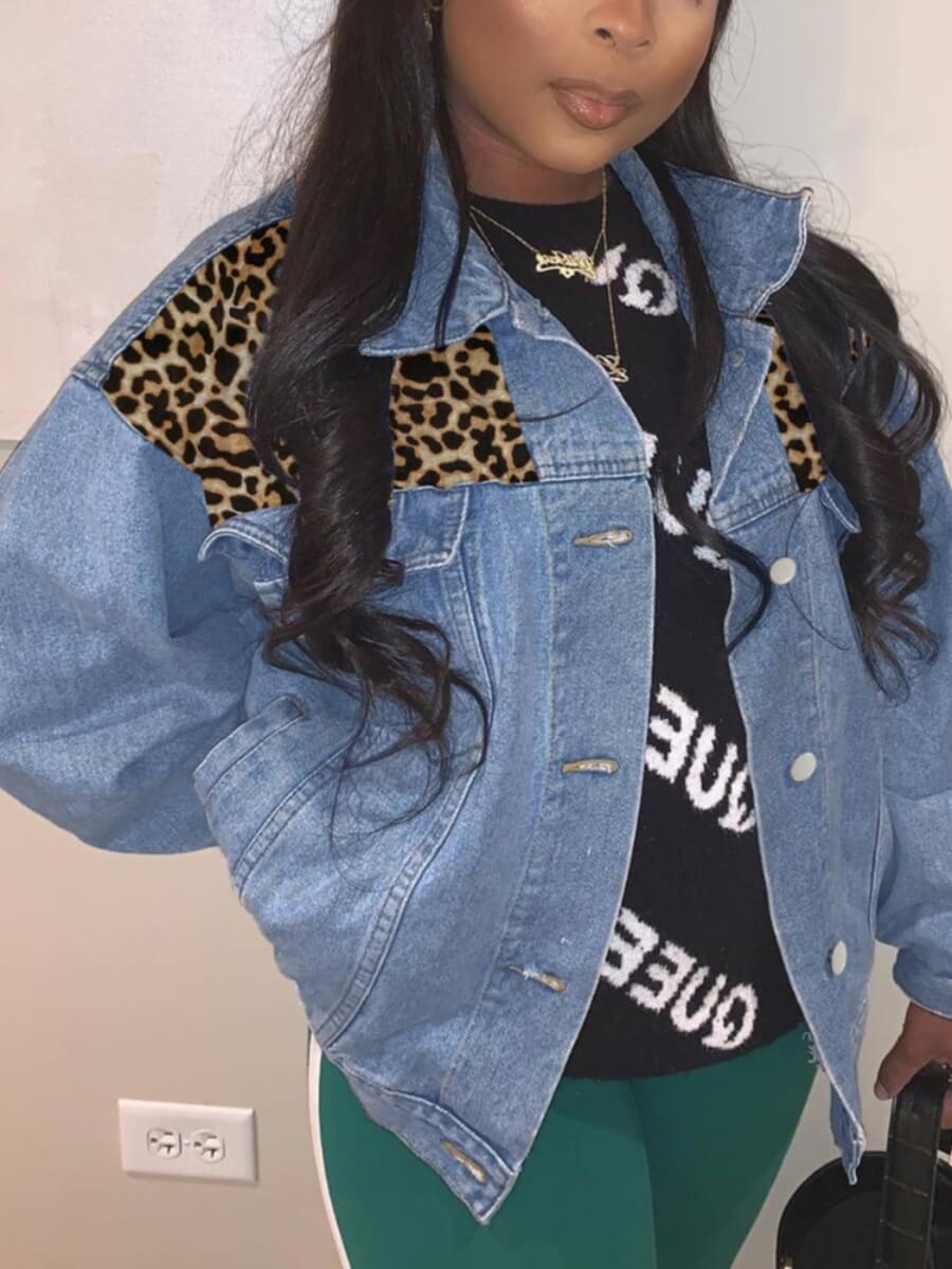

Lovely Trendy Turndown Collar Leopard Print Patchwork Blue Denim Jacket