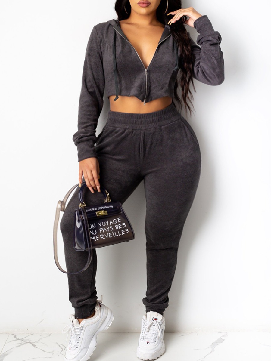 

Lovely Sportswear Zipper Design Grey Plus Size Two-piece Pants Set