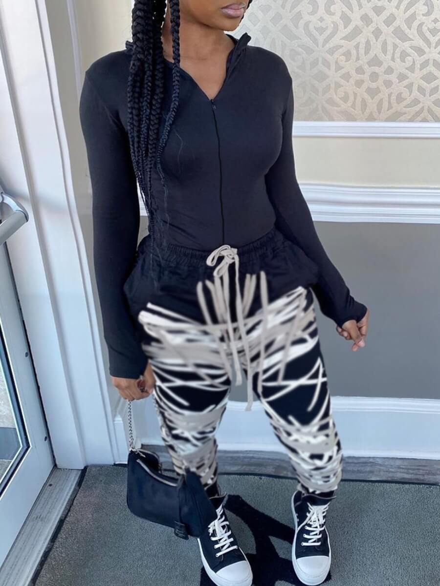 

Lovely Stylish Print Skinny Black Two Piece Pants Set(Without Bandage Design