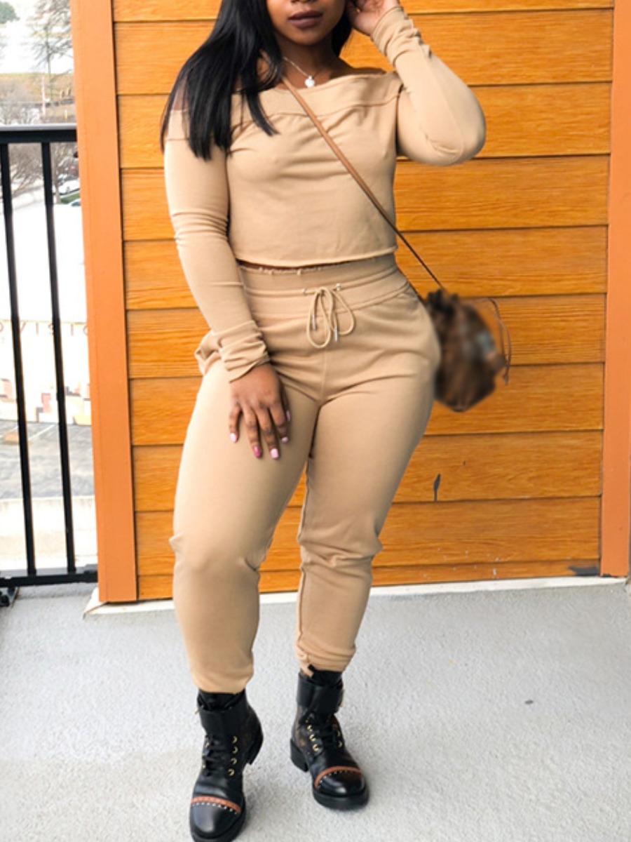 

lovely Casual Dew Shoulder Apricot Two Piece Pants Set