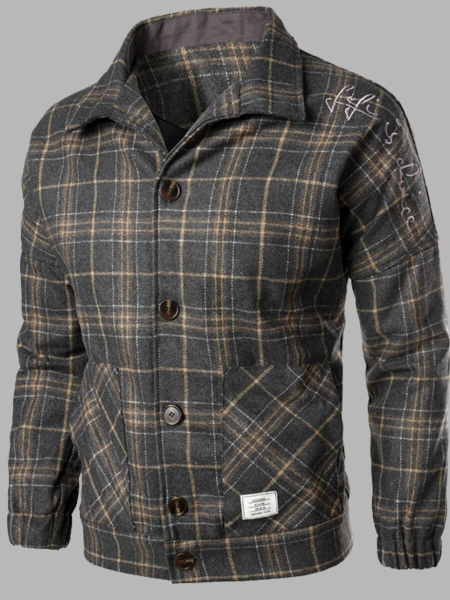 

Lovely Trendy Turndown Collar Grid Print Buttons Design Grey Men Jacket