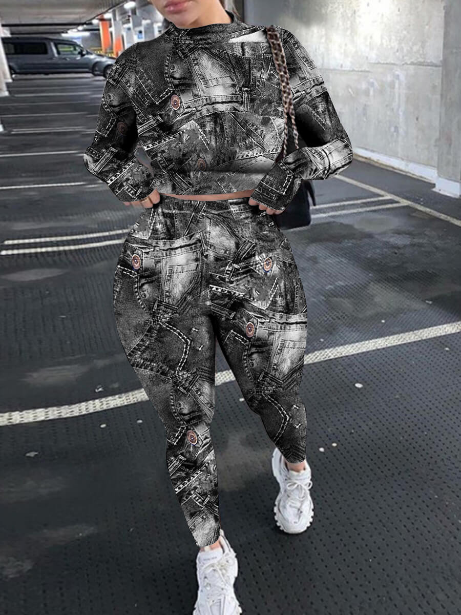 

Lovely Casual Turtleneck Tie Dye Grey Two Piece Pants Set
