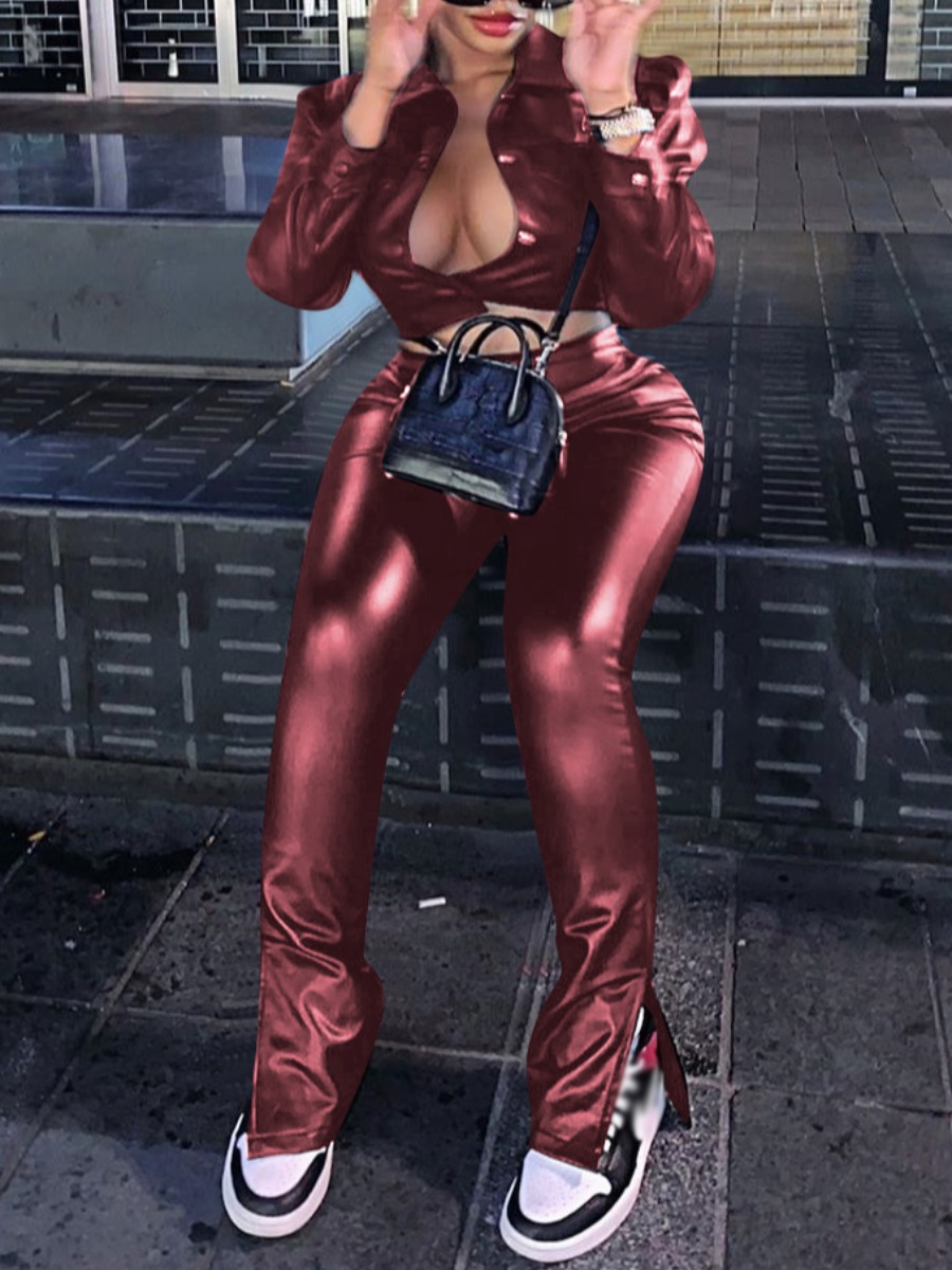 

lovely Street Turndown Collar Buttons Design Dull Red Two Piece Pants Set