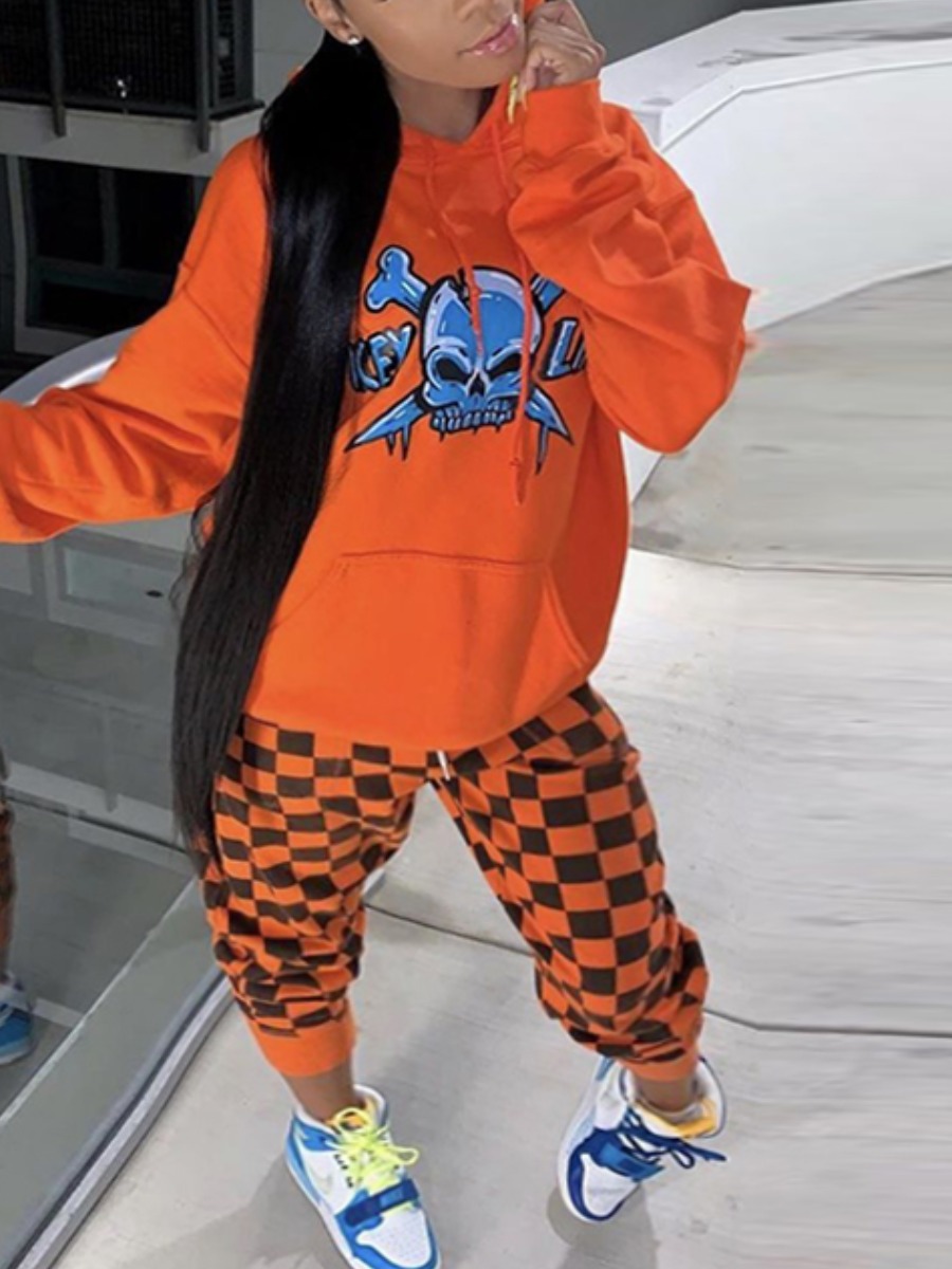 

lovely Street Hooded Collar Print Jacinth Two Piece Pants Set