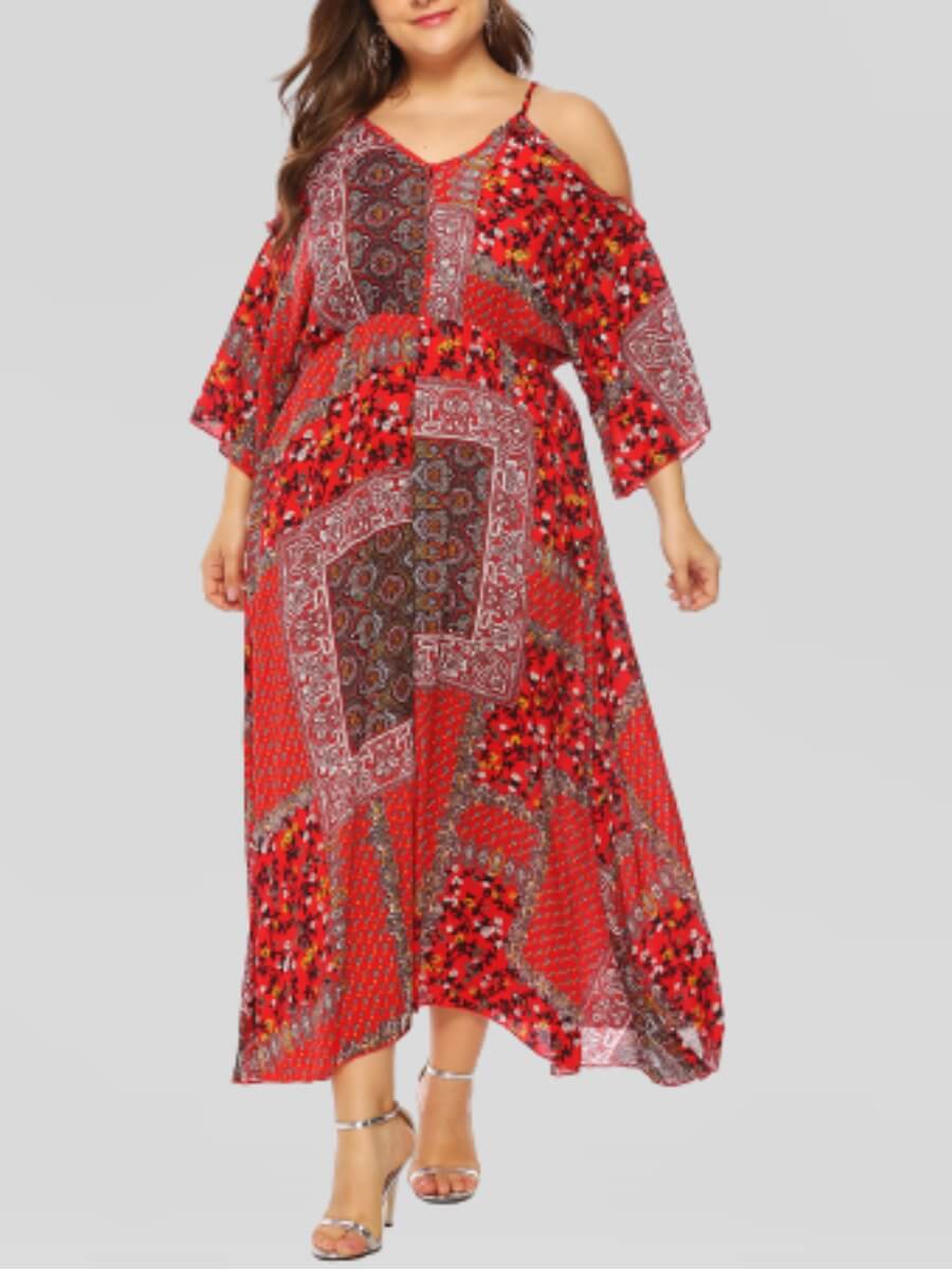 

Lovely Bohemian Print Hollow-out Loose Red Ankle Length Dress