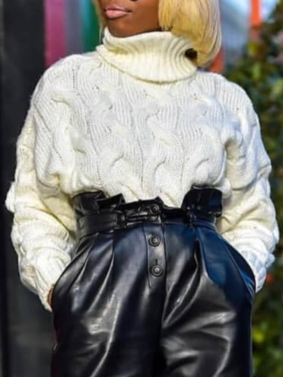 

Lovely Trendy Turtleneck Loose White Sweater