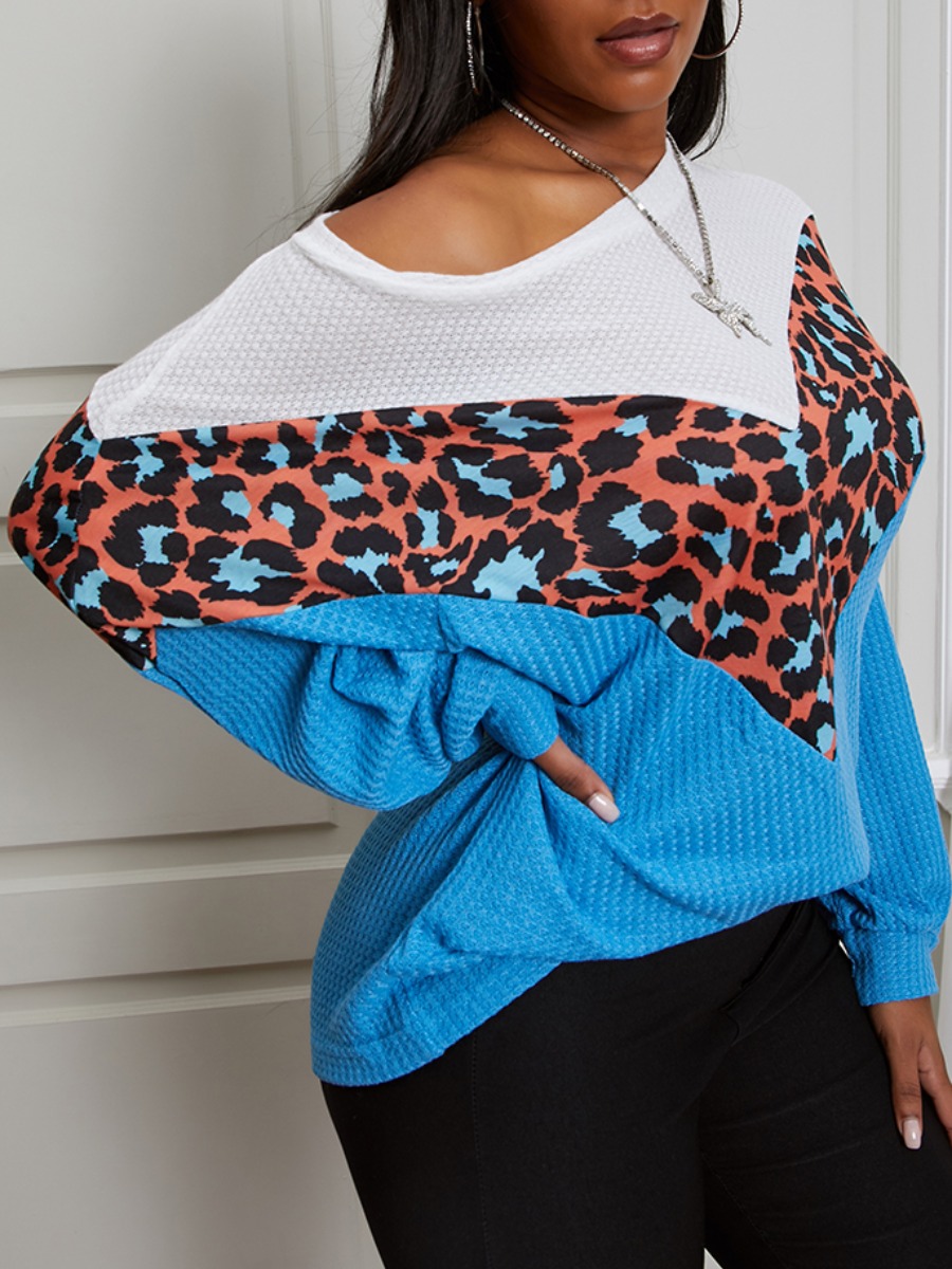 

lovely Sweet O Neck Leopard Print Patchwork Skyblue T-shirt
