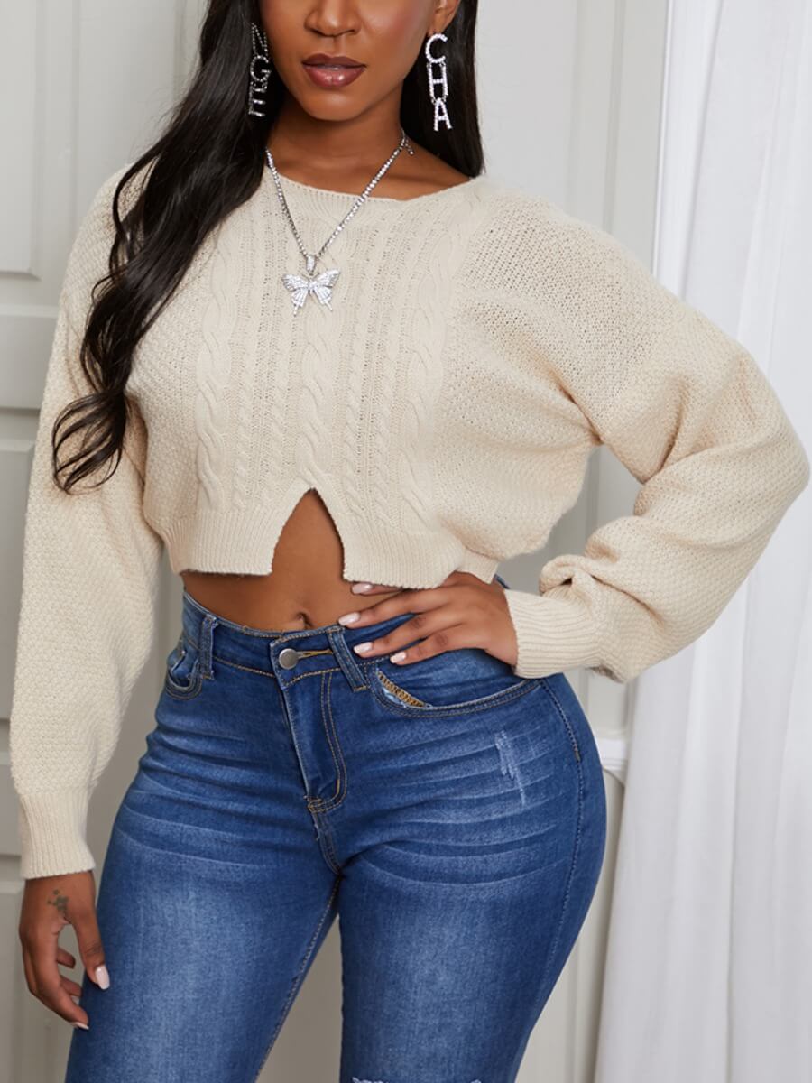 

Lovely Sweet O Neck Front Slit Khaki Short Sweater