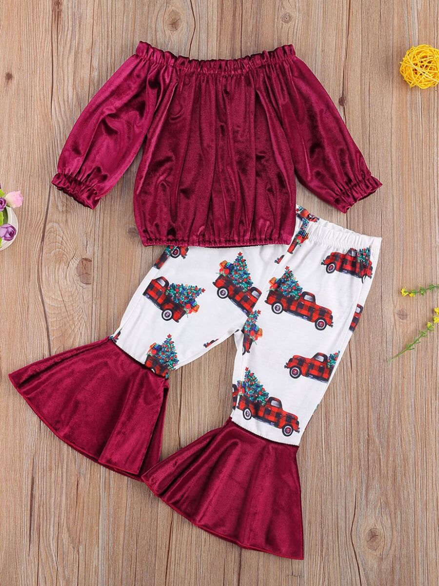 

Lovely Trendy Print Patchwork Wine Red Girl Two-piece Pants Set