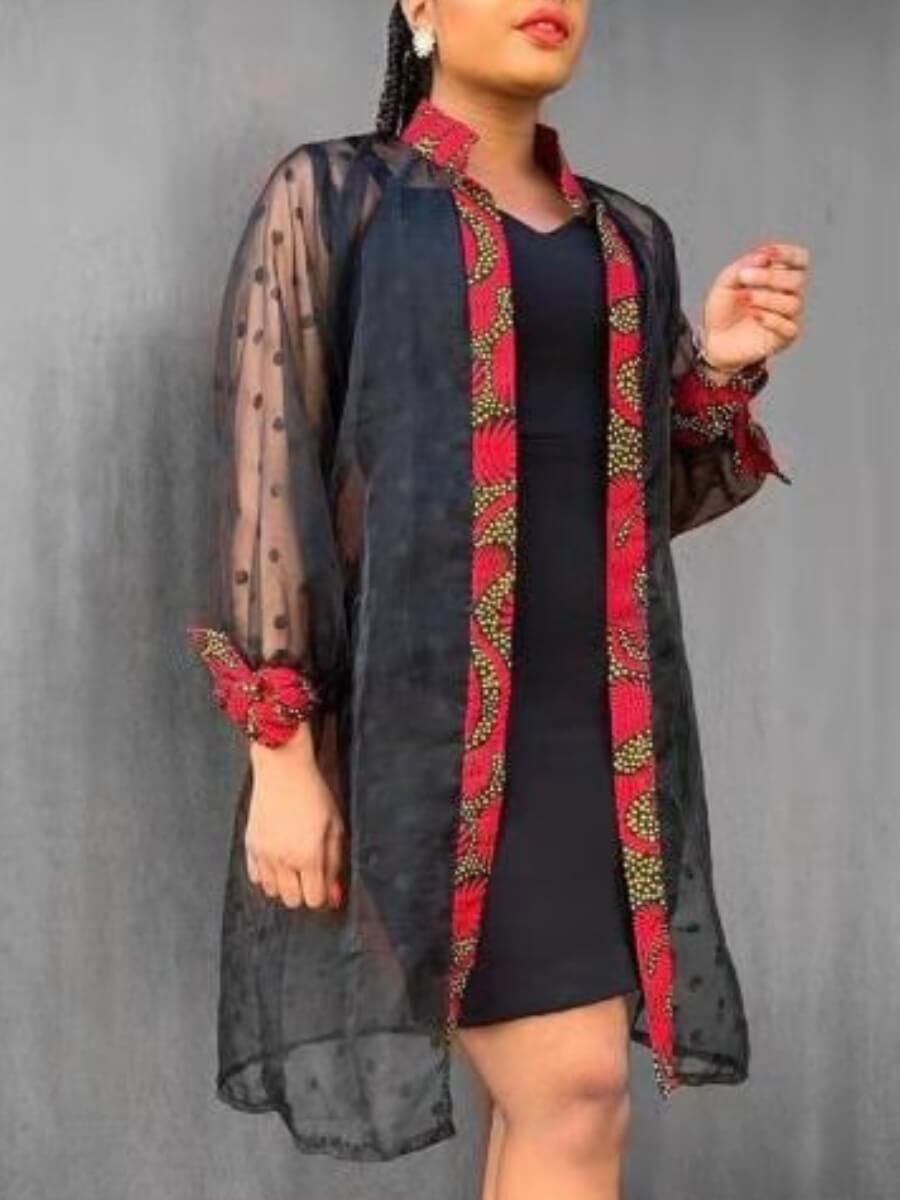 

Lovely Casual Turndown Collar See-through Patchwork Black Coat