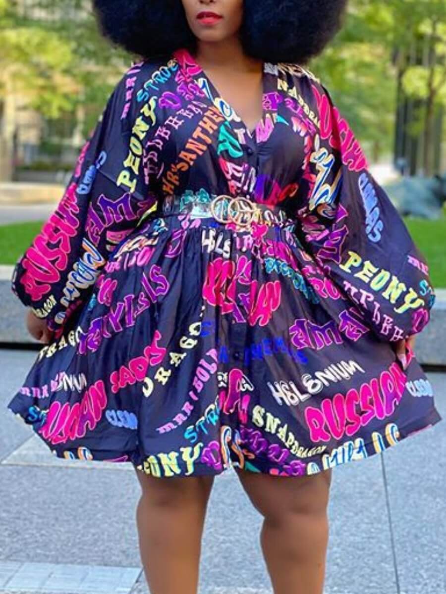 

Lovely Trendy V Neck Letter Print Blue Knee Length Plus Size Dress