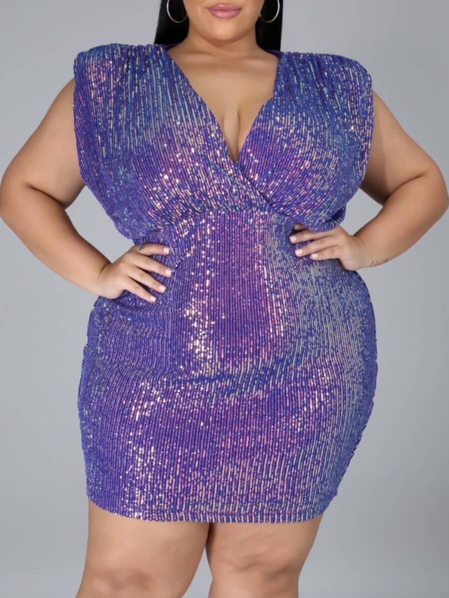 

Lovely Sexy Deep V Neck Sequined Purple Knee Length Plus Size Dress