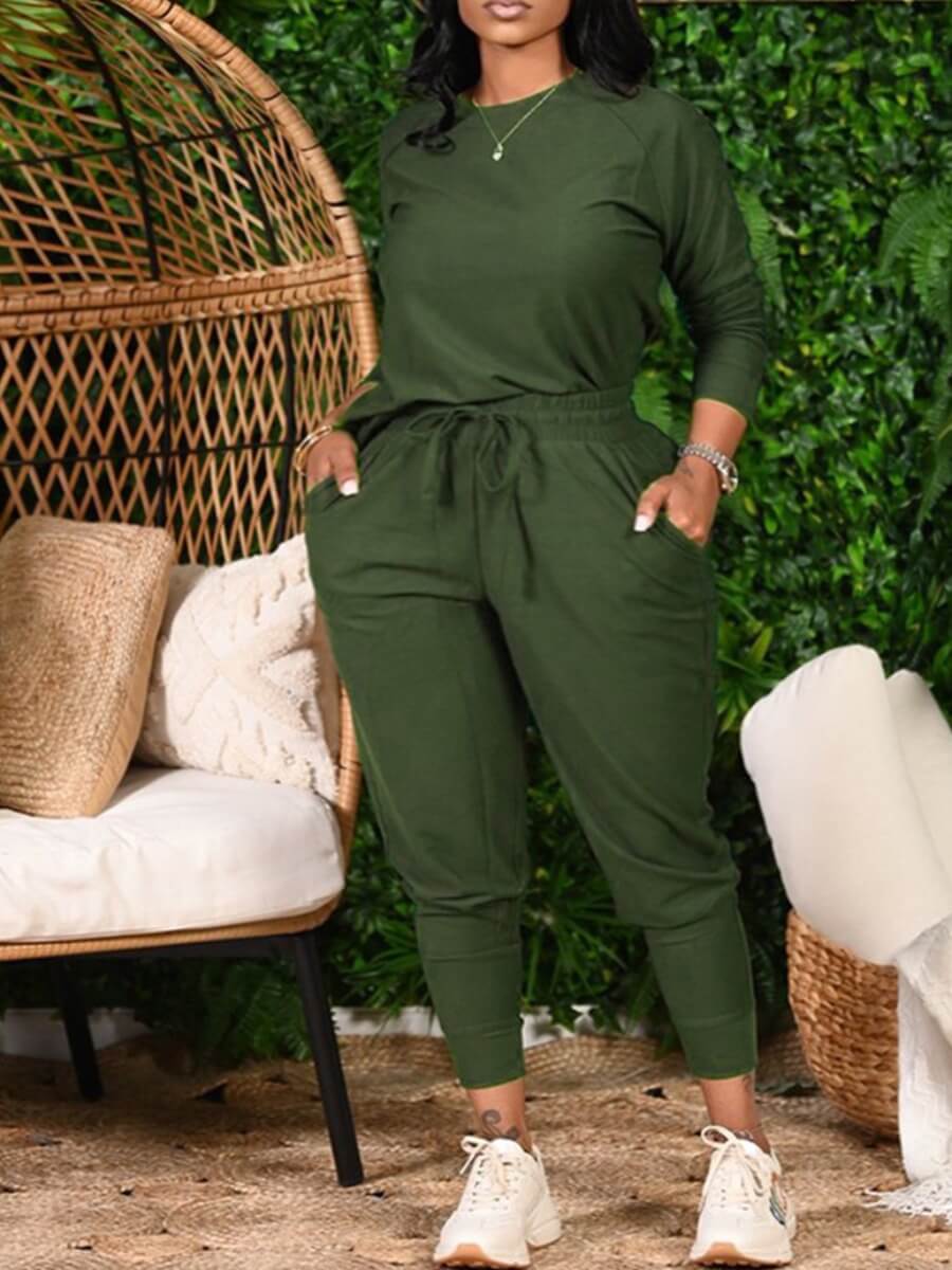 

Lovely Casual O Neck Lace-up Green Plus Size Two-piece Pants Set