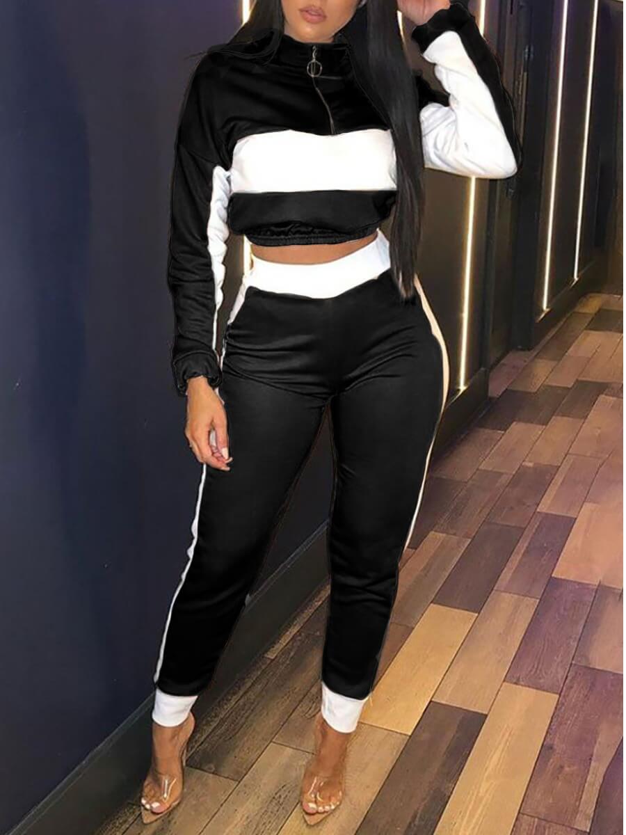 

Lovely Sportswear Patchwork Black Two Piece Pants Set