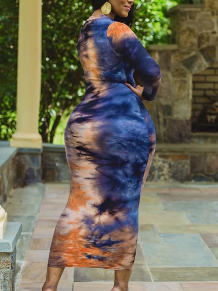 

Lovely Trendy O Neck Tie-dye Blue Ankle Length Plus Size Dress