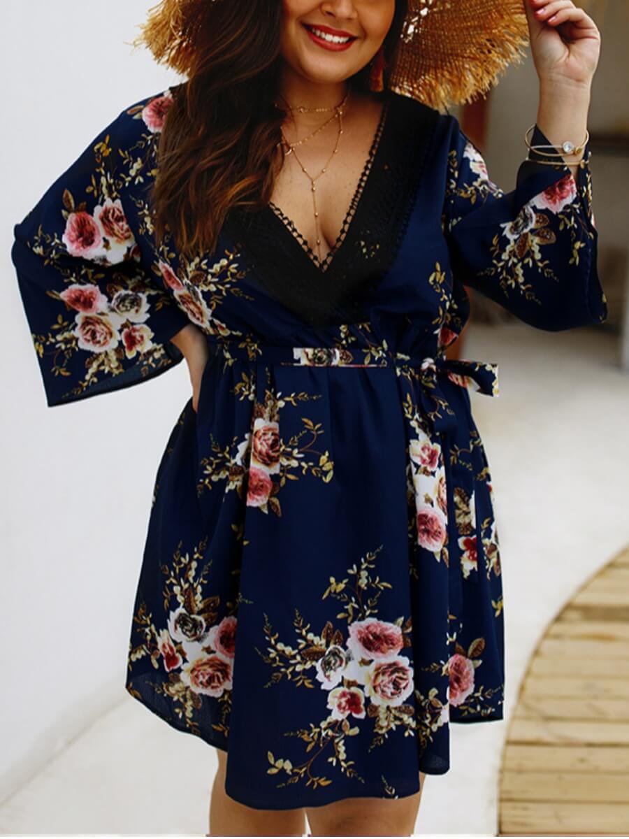 

Lovely Trendy V Neck Plants Print Navy Blue Knee Length Dress