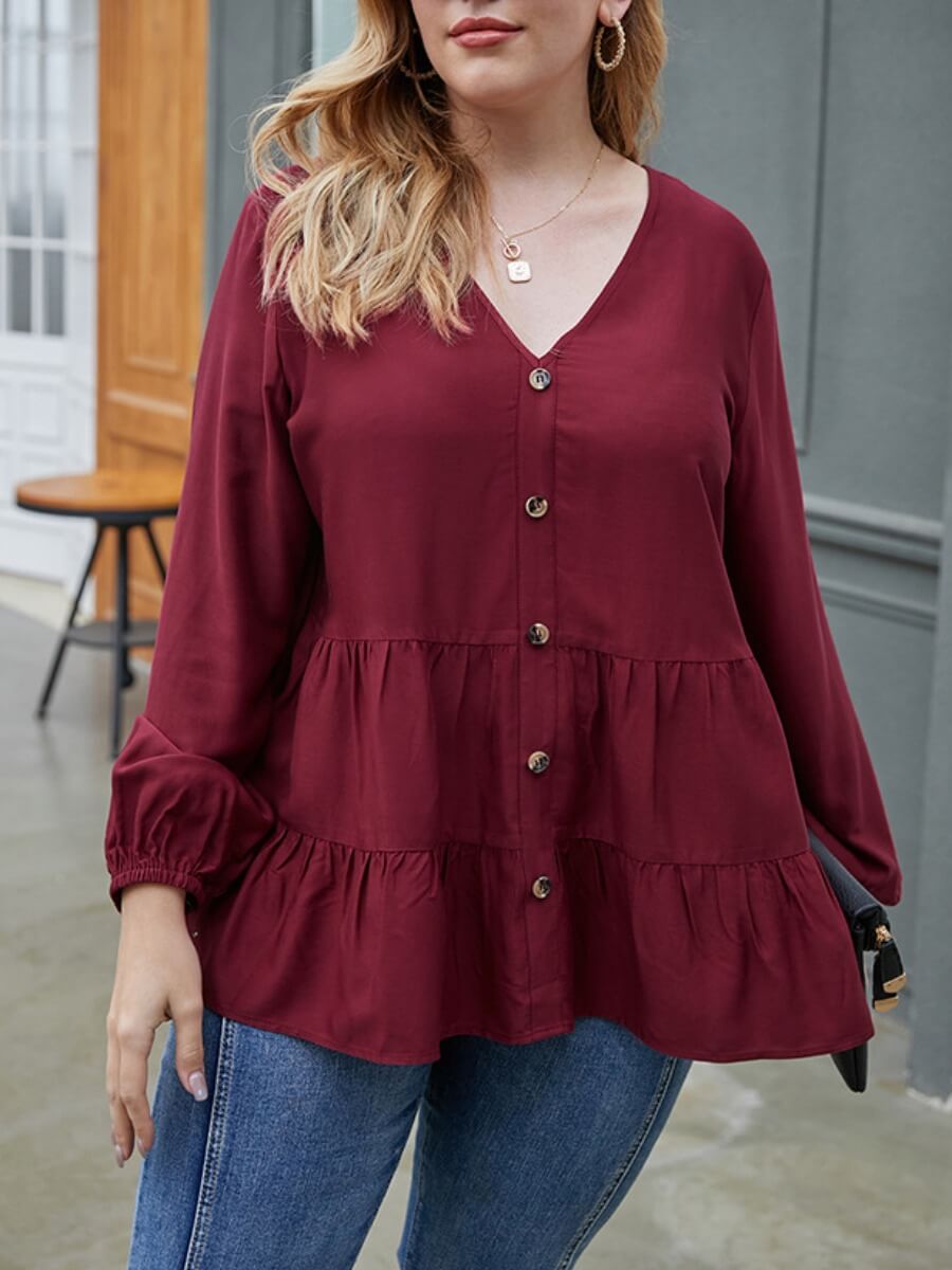 

LW Sweet V Neck Buttons Fold Design Wine Red Blouse