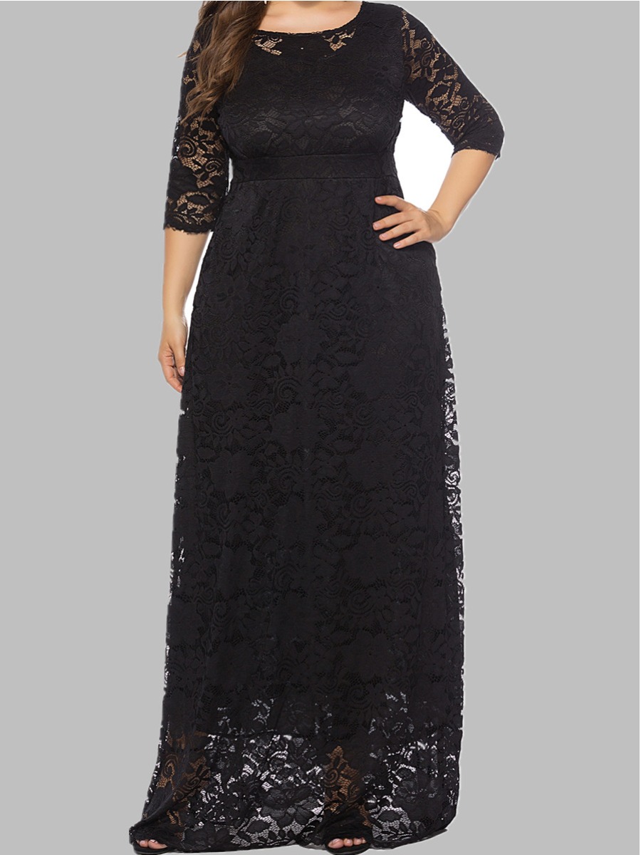 

Lovely Sexy O Neck Lace See-through Black Maxi Dress