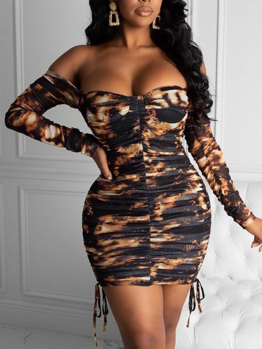 

Lovely Sweet Dew Shoulder Tie-dye Fold Design Brown Mini Dress