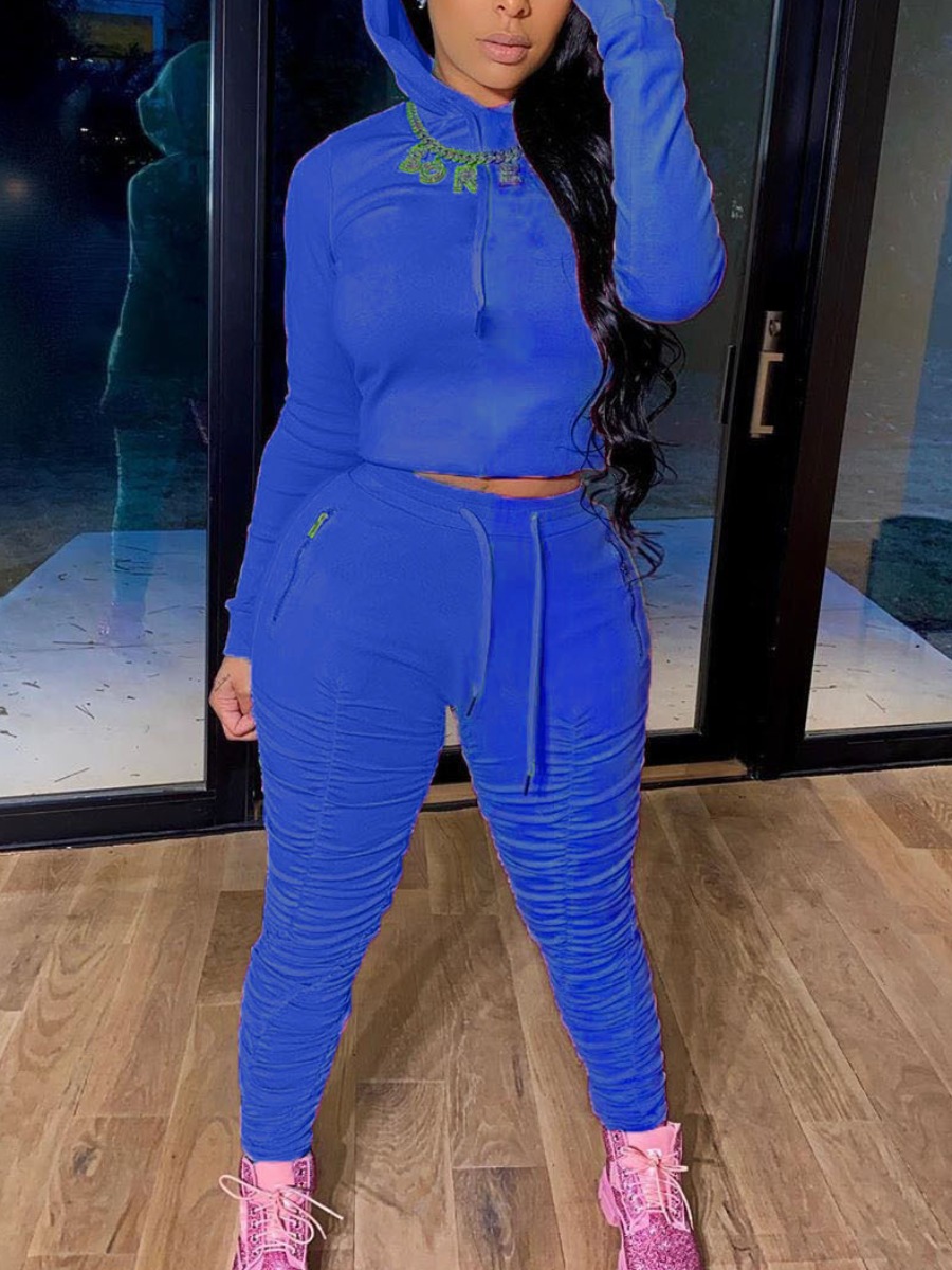 

Lovely Leisure Hooded Collar Fold Design Skinny Royalblue Two Piece Pants Set