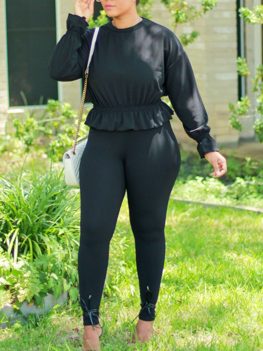 

Lovely Sweet O Neck Fold Design Black Two Piece Pants Set