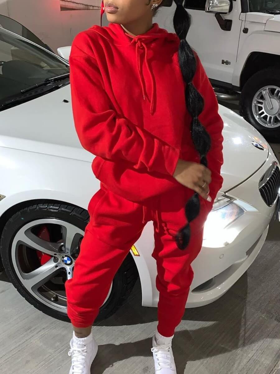 

LW Hooded Collar Basic Tracksuit Pants Set, Red