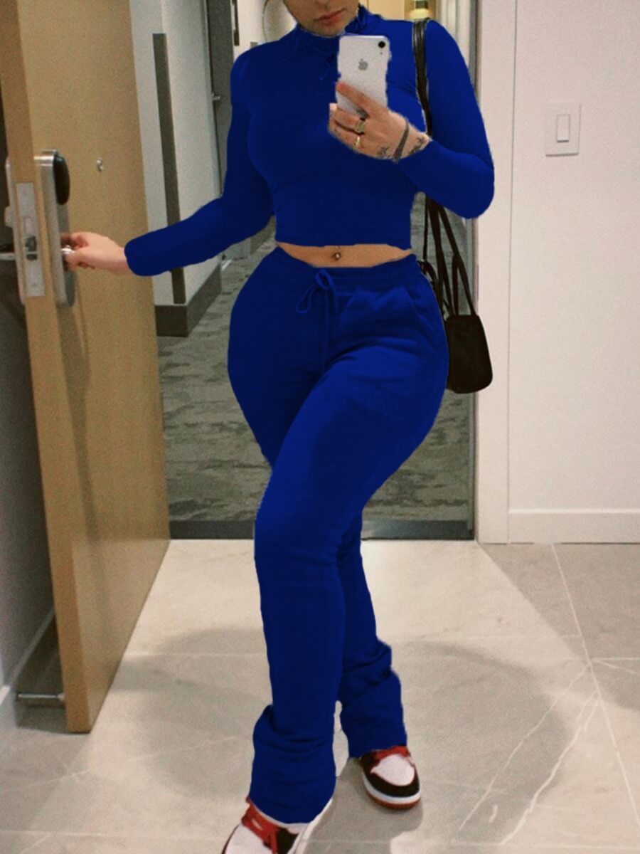 

Lovely Casual Turtleneck Lace-up Skinny Deep Blue Two Piece Pants Set