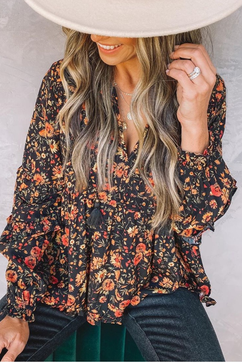 

LW V Neck Floral Print Flounce Design Black Blouse