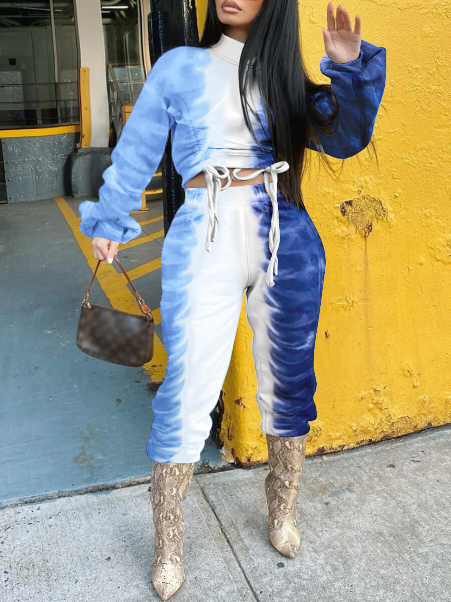 

Lovely Leisure Turtleneck Tie Dye Drawstring Blue Two Piece Pants Set