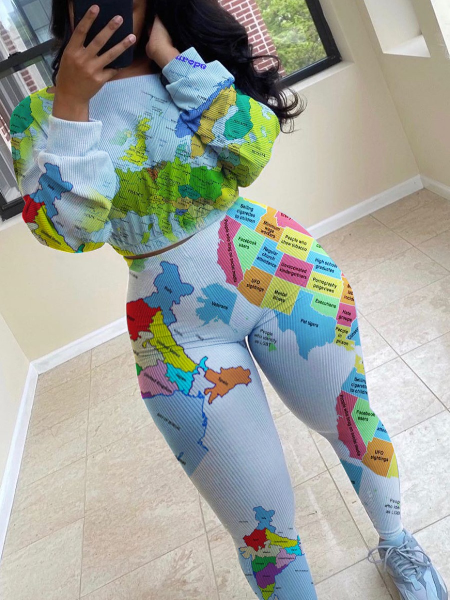 

Lovely Leisure O Neck Print Blue Two Piece Pants Set