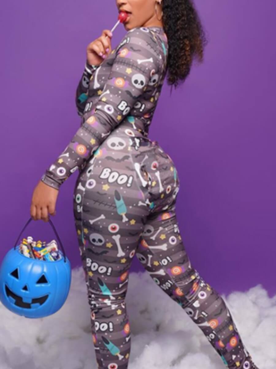 

Lovely Sexy Deep V Neck Print Skinny Grey One-piece Jumpsuit