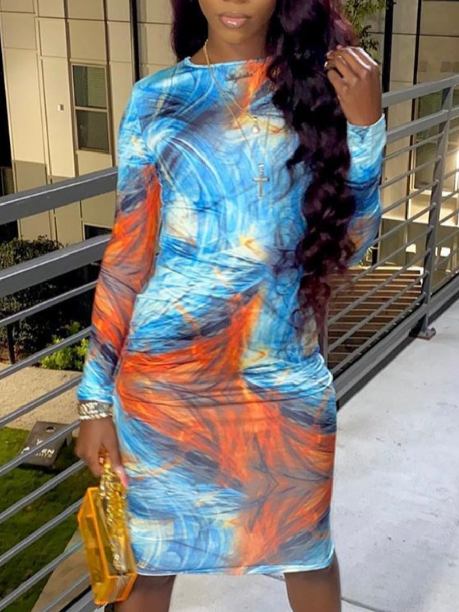 

Lovely Trendy O Neck Tie-dye Baby Blue Knee Length Dress