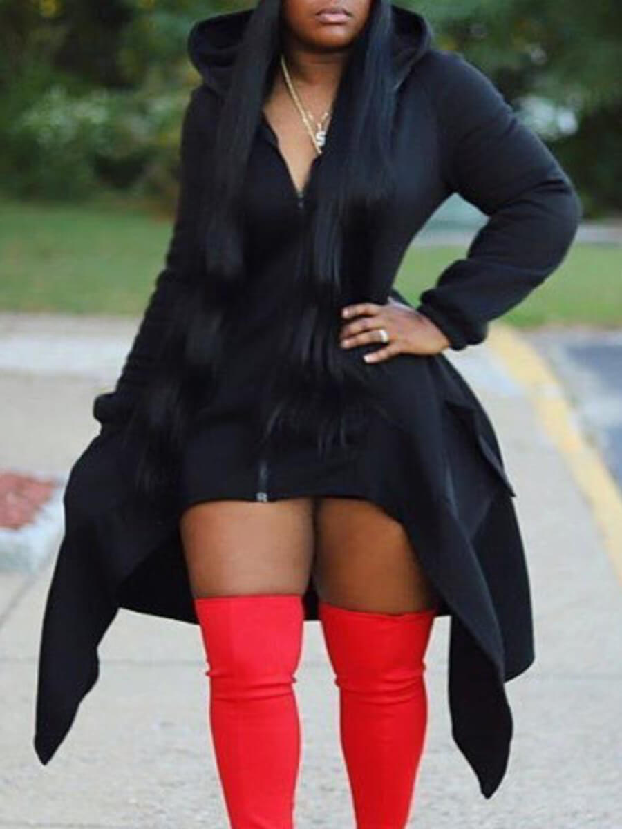 

Lovely Casual Hooded Collar Asymmetrical Black Plus Size Coat