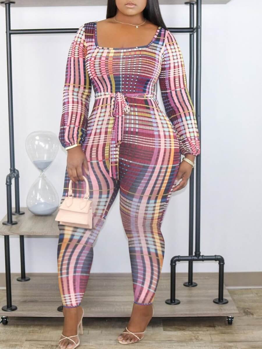 

Lovely Stylish Grid Print Skinny Purple One-piece Jumpsuit