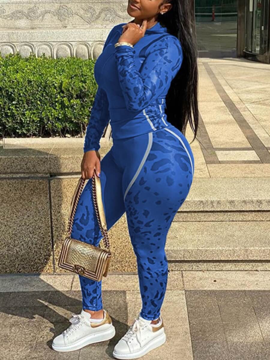 

Lovely Sportswear Print Zipper Design Blue Plus Size Two-piece Pants Set