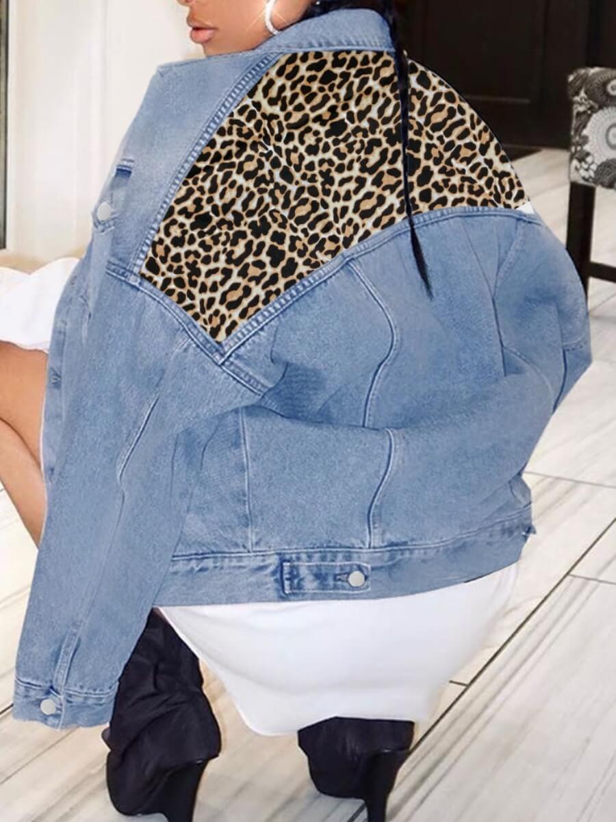 

Lovely Trendy Turndown Collar Leopard Print Patchwork Blue Denim Jacket