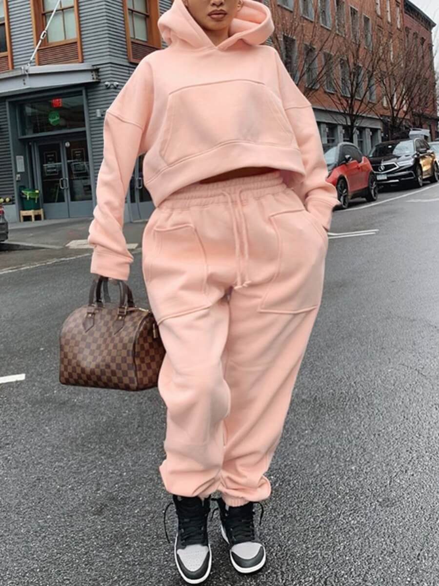 

Lovely Casual Hooded Collar Pocket Patched Loose Pink Plus Size Two-piece Pants Set