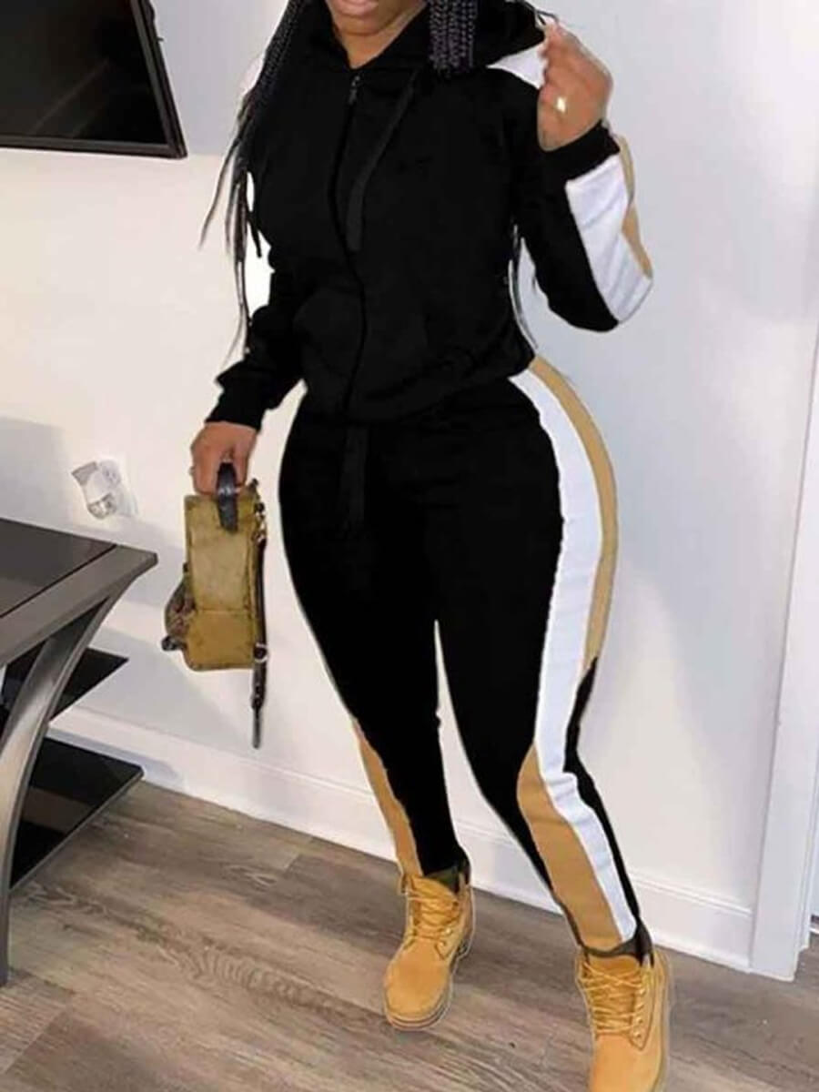 

Lovely Sportswear Hooded Collar Patchwork Black Plus Size Two-piece Pants Set
