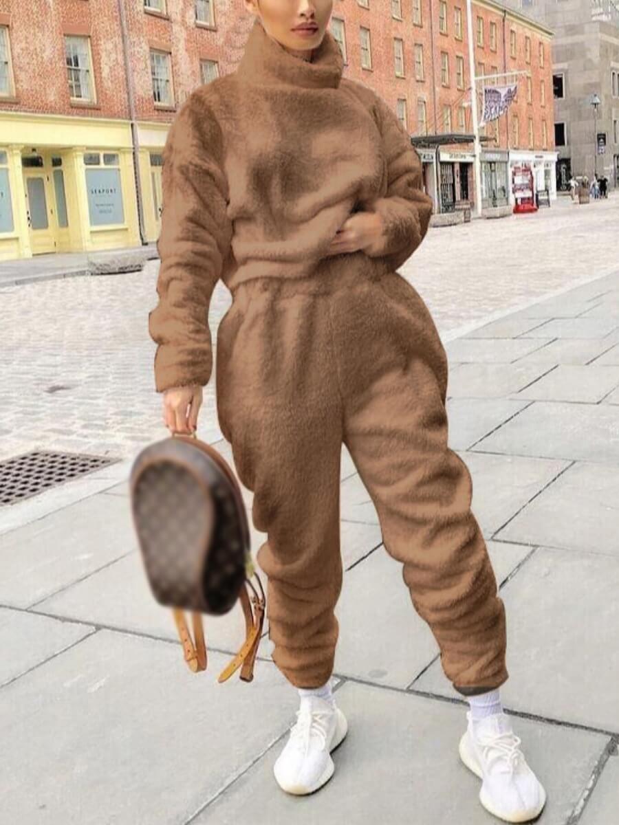 

Lovely Casual Turtleneck Basic Khaki Two Piece Pants Set