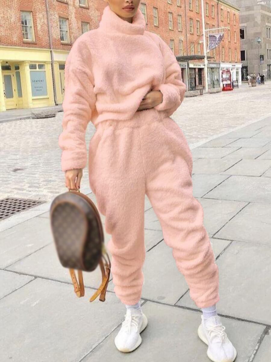 

Lovely Casual Turtleneck Basic Pink Two Piece Pants Set