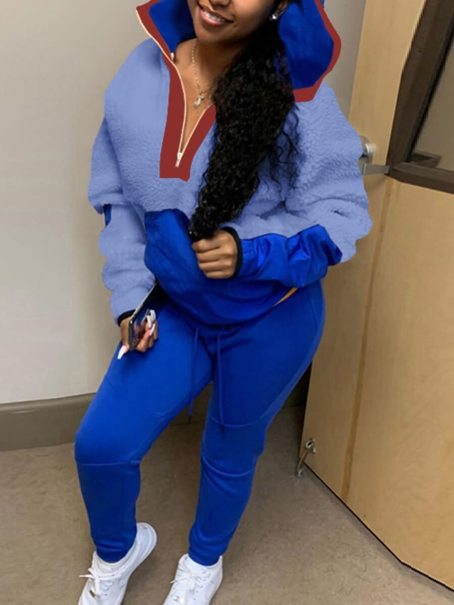 

Lovely Stylish Hooded Collar Patchwork Deep Blue Two Piece Pants Set