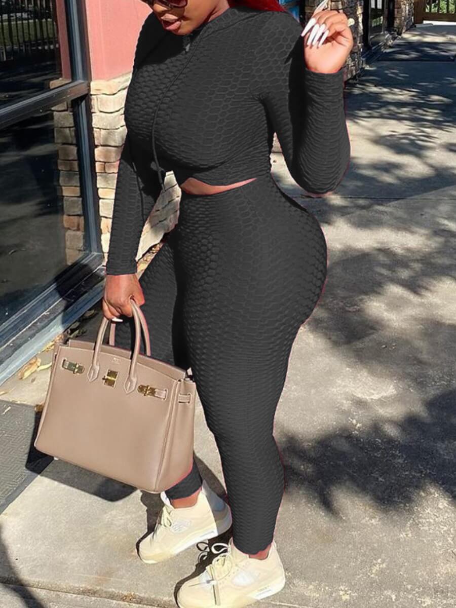 

Lovely Sportswear Hooded Collar Basic Skinny Black Two Piece Pants Set